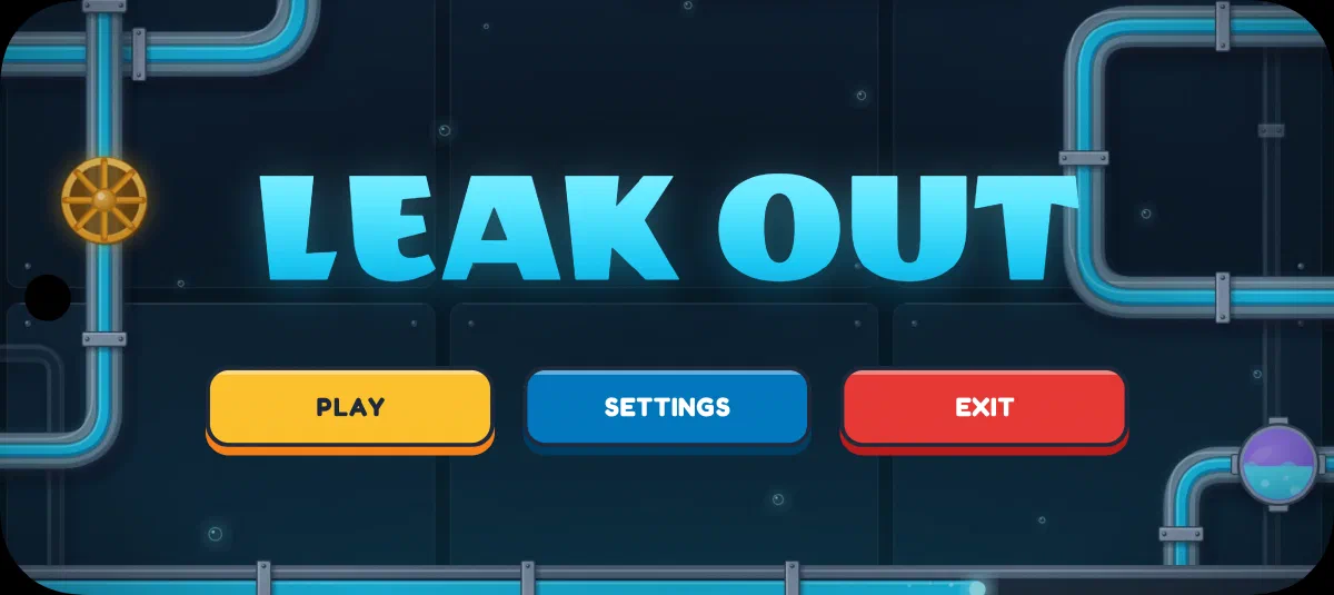 The title screen with the Leak Out logo and the Play, Settings and Exit buttons